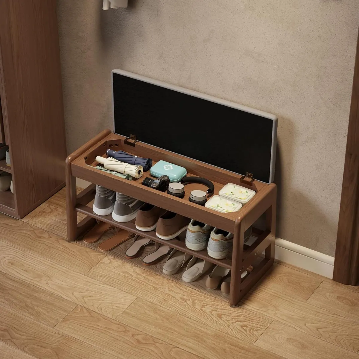 Small Shoe Bench with Cushion Storage Seat Wooden - Image 3