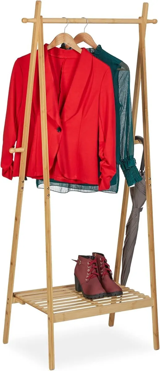 Bamboo Clothes Rack Foldable Rail with Shelf 4 - Image 1