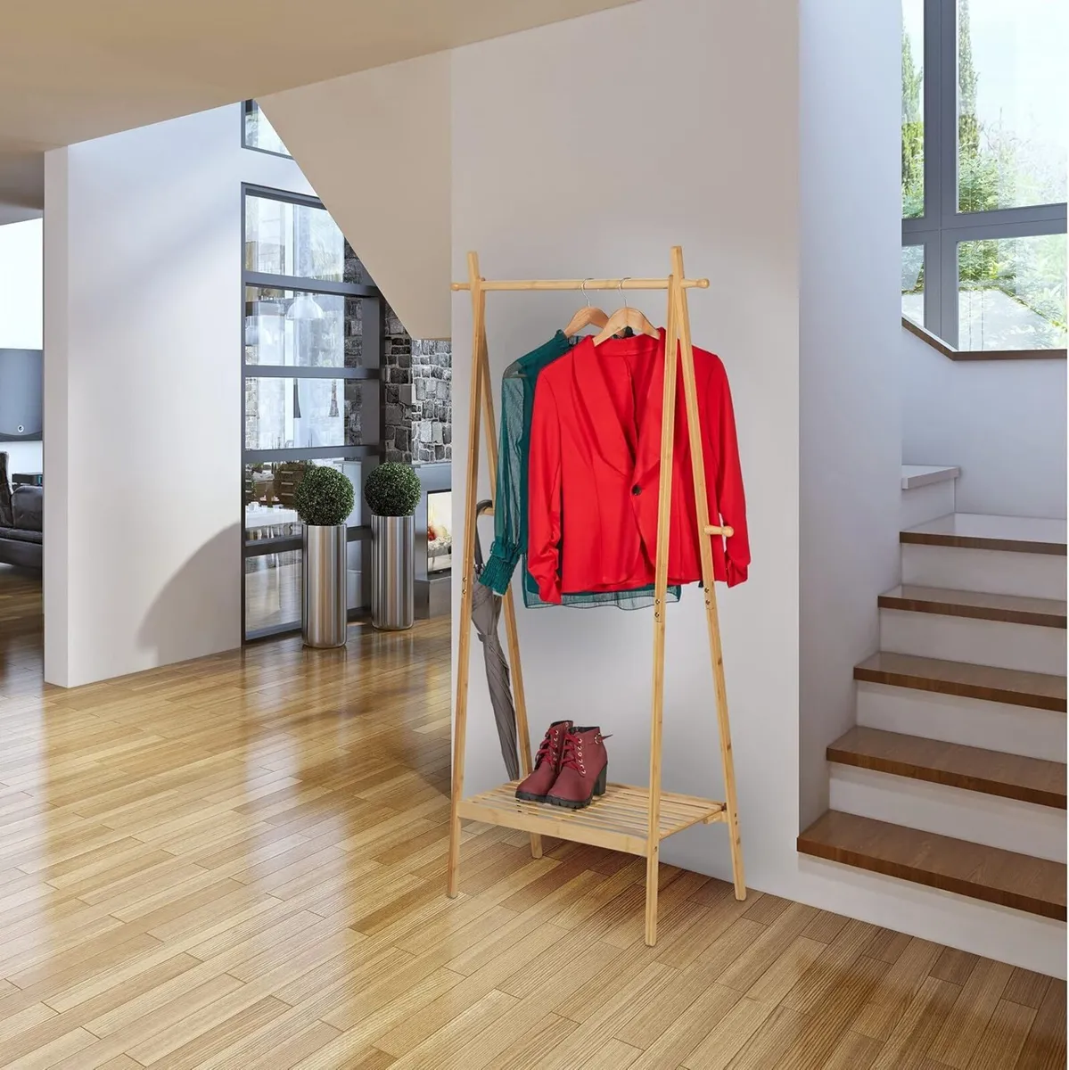 Bamboo Clothes Rack Foldable Rail with Shelf 4 - Image 2