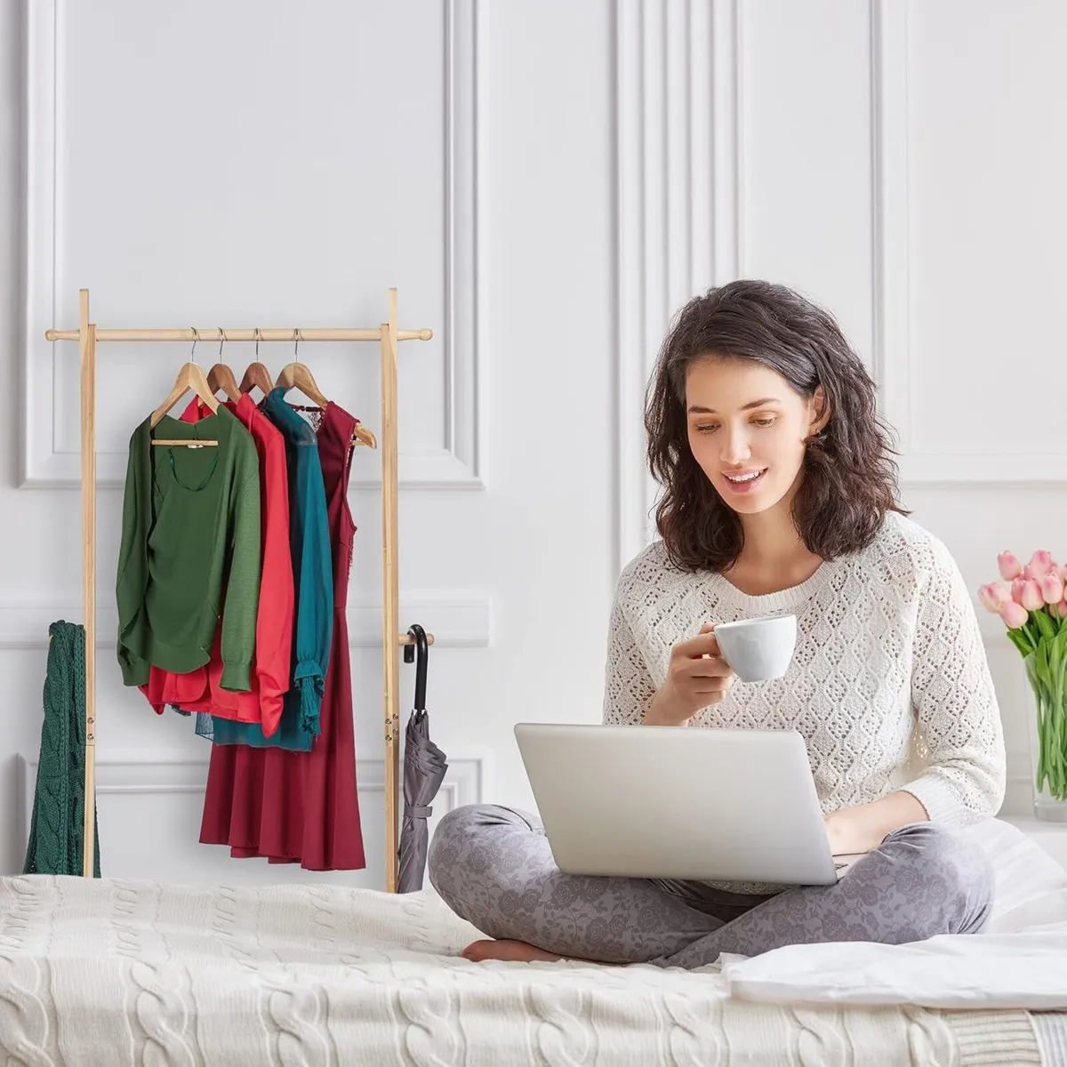 Bamboo Clothes Rack Foldable Rail with Shelf 4 - Image 4