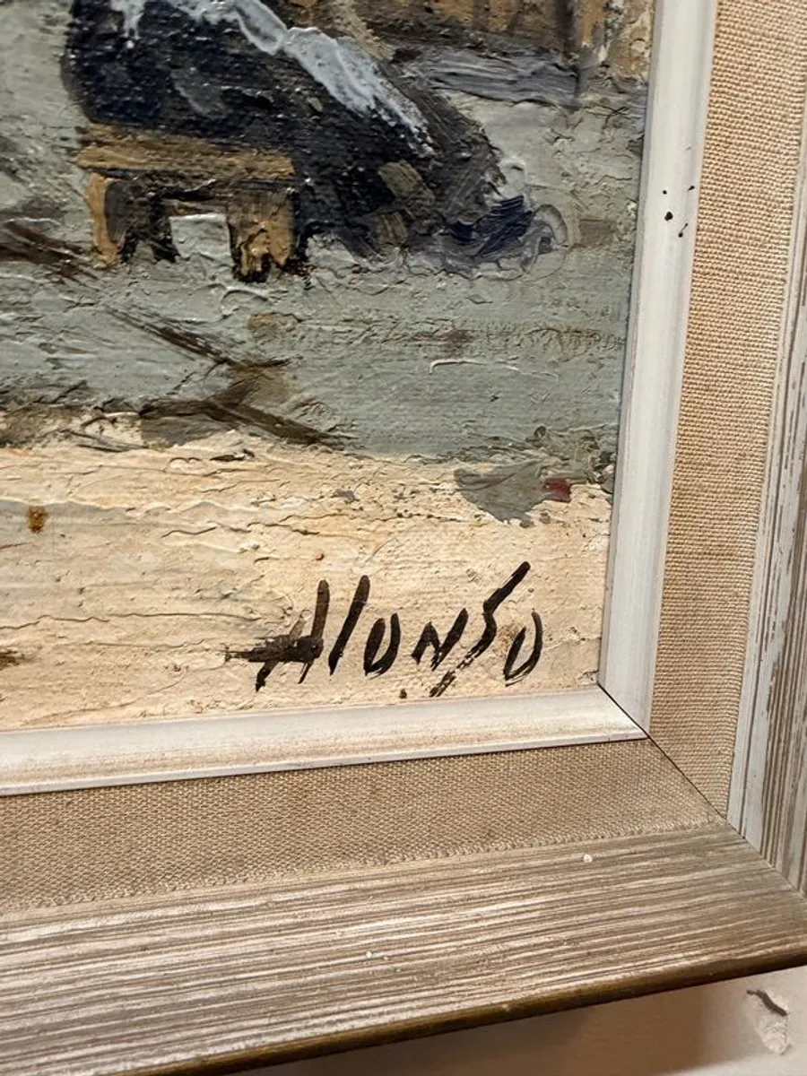 Vintage Oil Painting on Canvas , Rustic Village Street Scene, Signed - Image 2