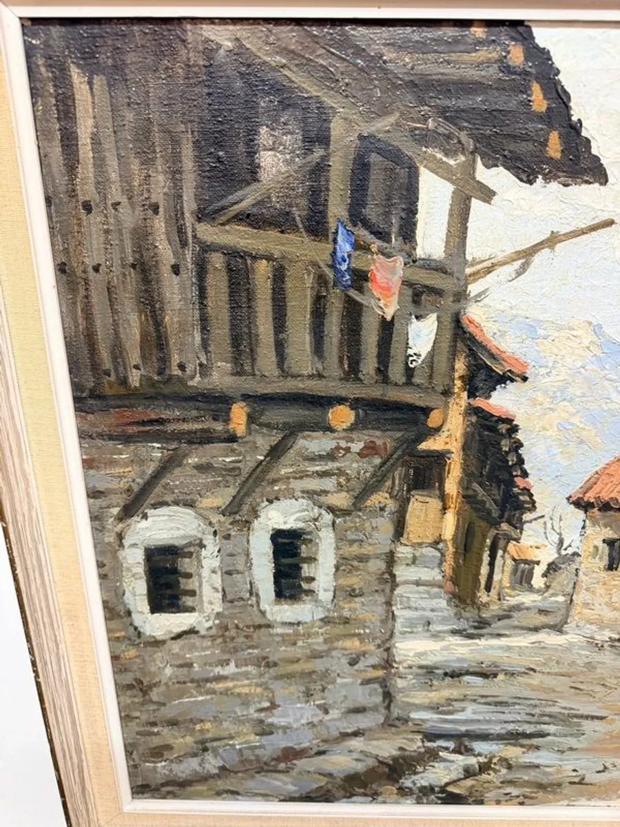 Vintage Oil Painting on Canvas , Rustic Village Street Scene, Signed - Image 3
