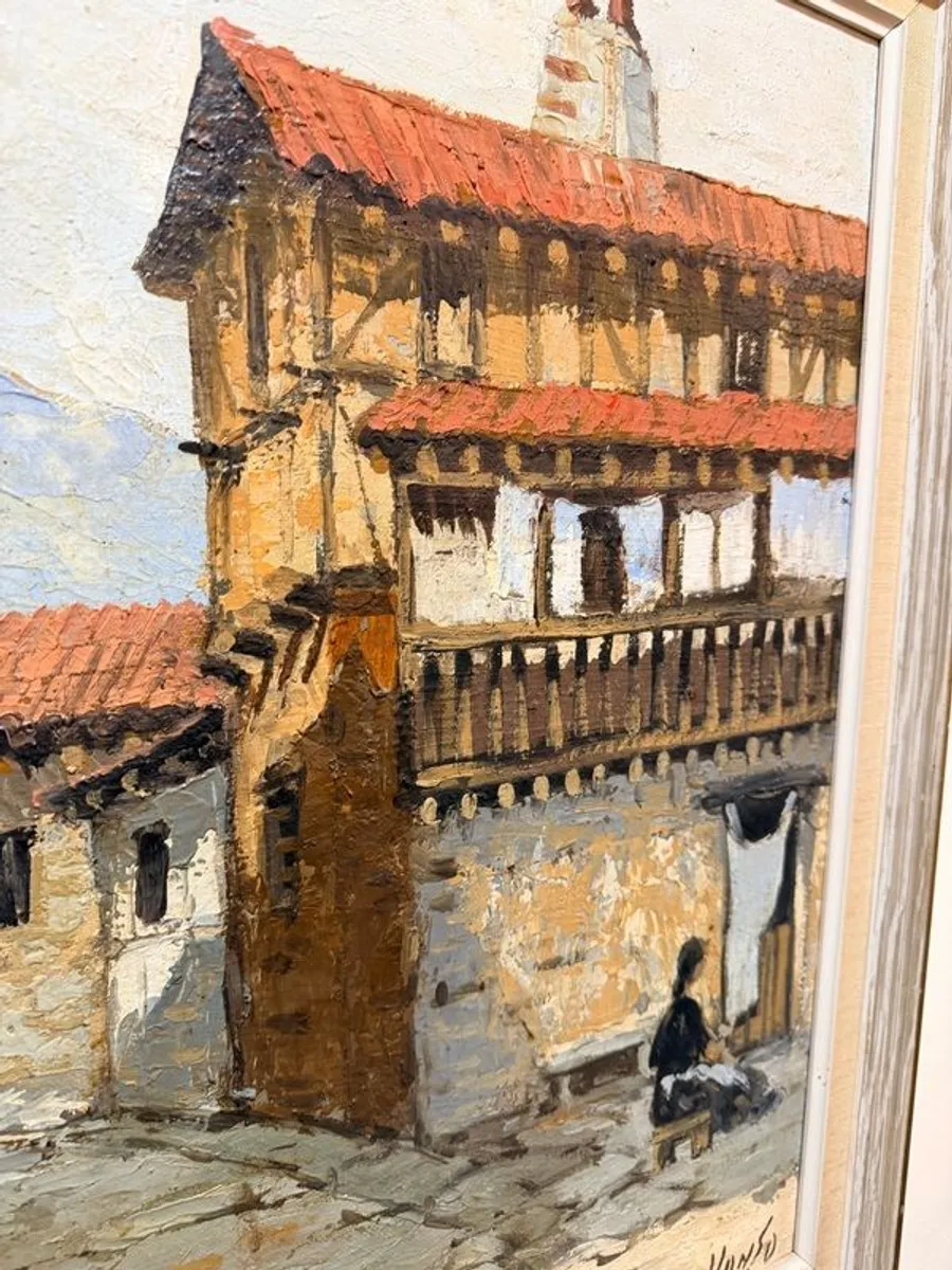 Vintage Oil Painting on Canvas , Rustic Village Street Scene, Signed - Image 4