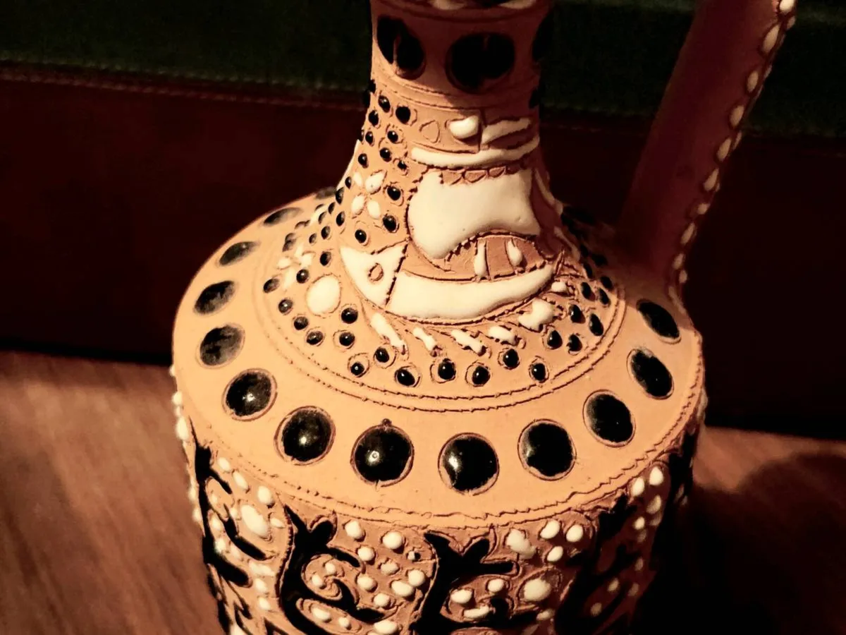 GREEK CLAY ART, 14"Tall Painted & Signed Oil Jug ! - Image 2