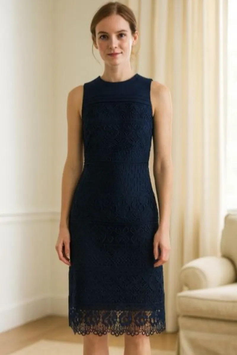 BNWT Ladies Navy Linen/Lace Dress: Size 8 - Image 1