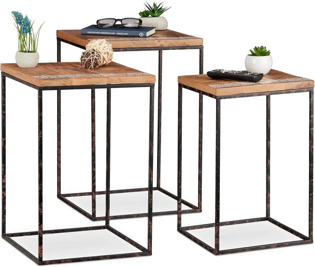 Side Set of 3 Mango Wood Metal Mixed Styles - Image 1