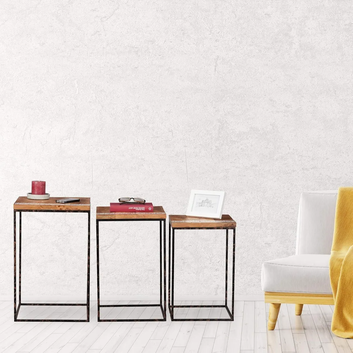 Side Set of 3 Mango Wood Metal Mixed Styles - Image 2