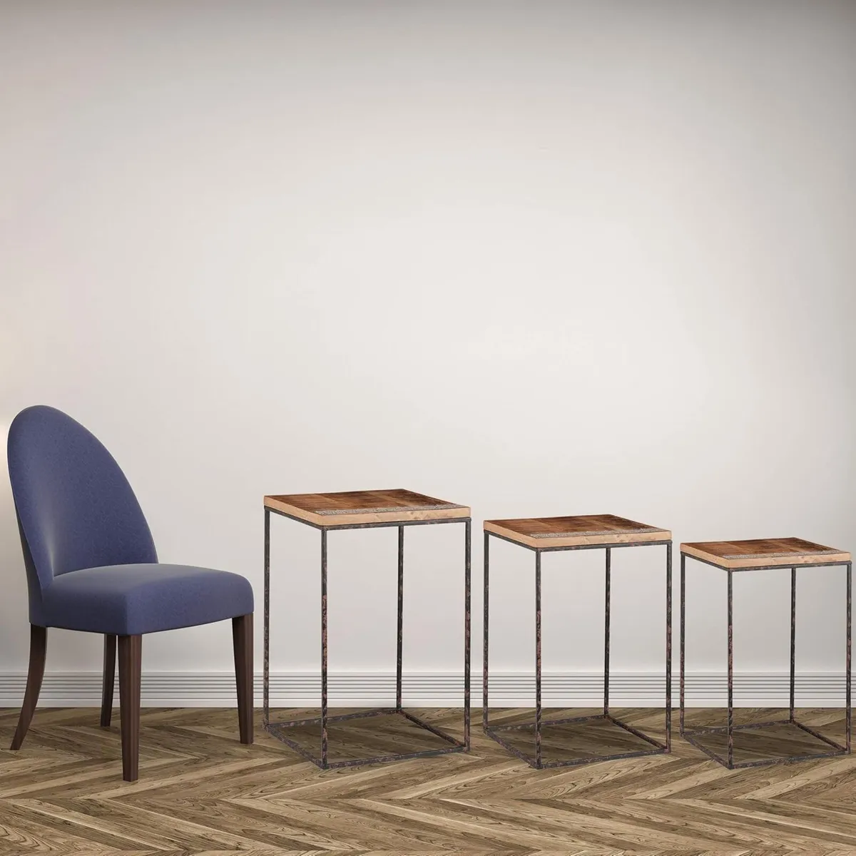 Side Set of 3 Mango Wood Metal Mixed Styles - Image 4