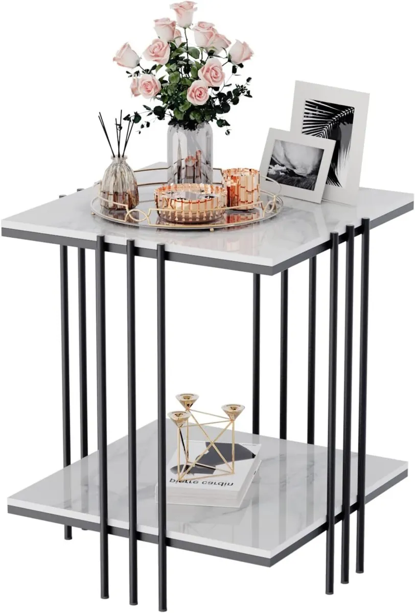 Marble Top Side Table Black: 2 Tier Square White - Image 1