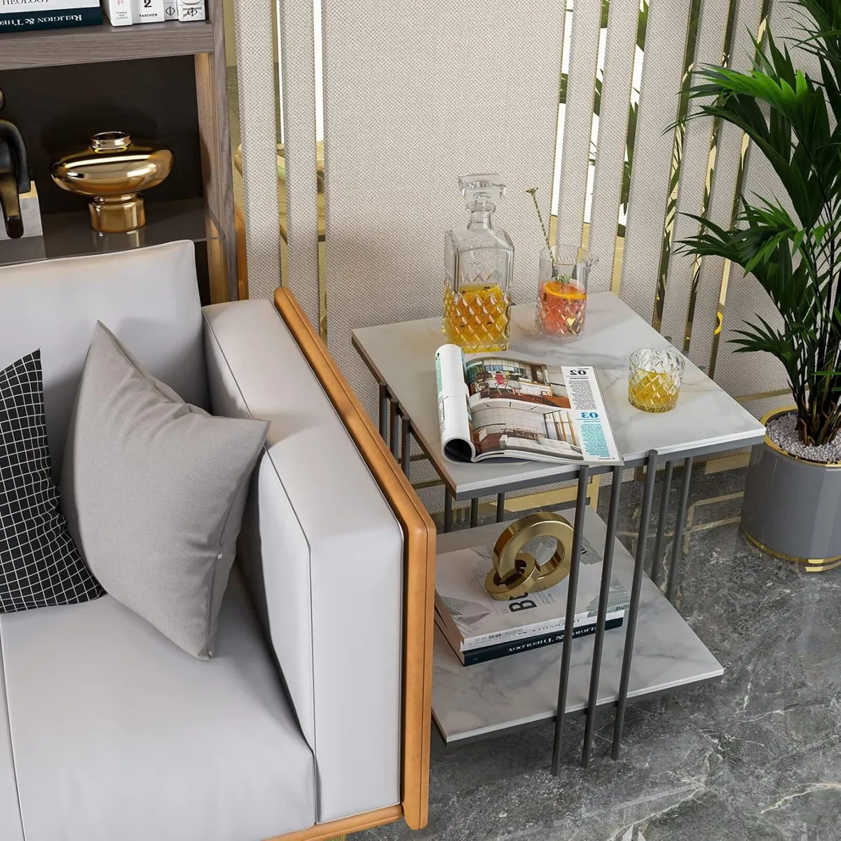 Marble Top Side Table Black: 2 Tier Square White - Image 4