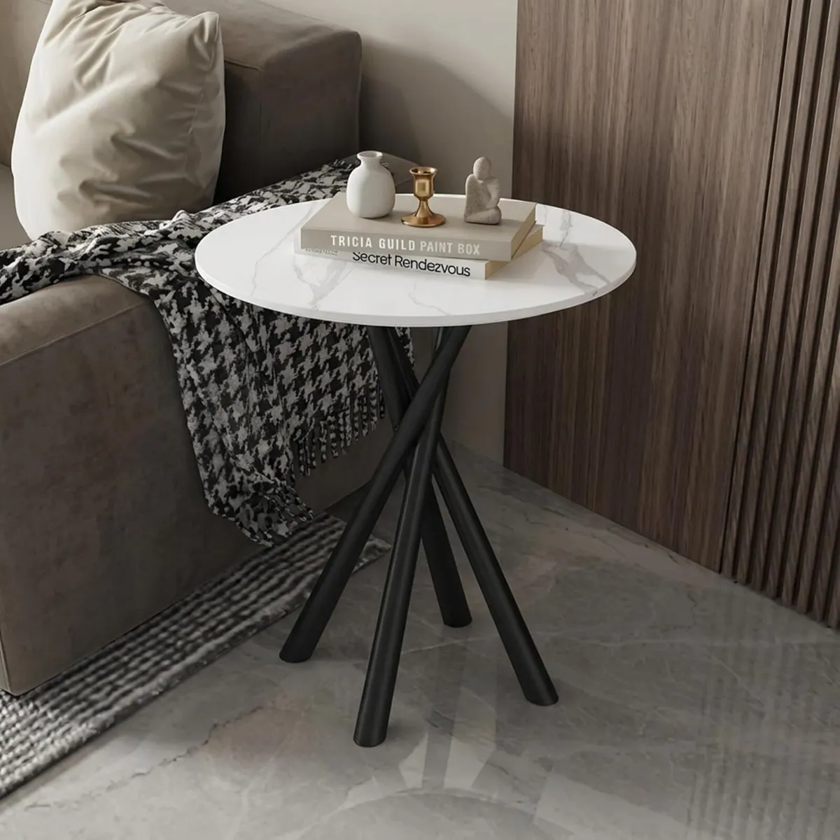 Round Side Table White Small Stone Marble Coffee - Image 1