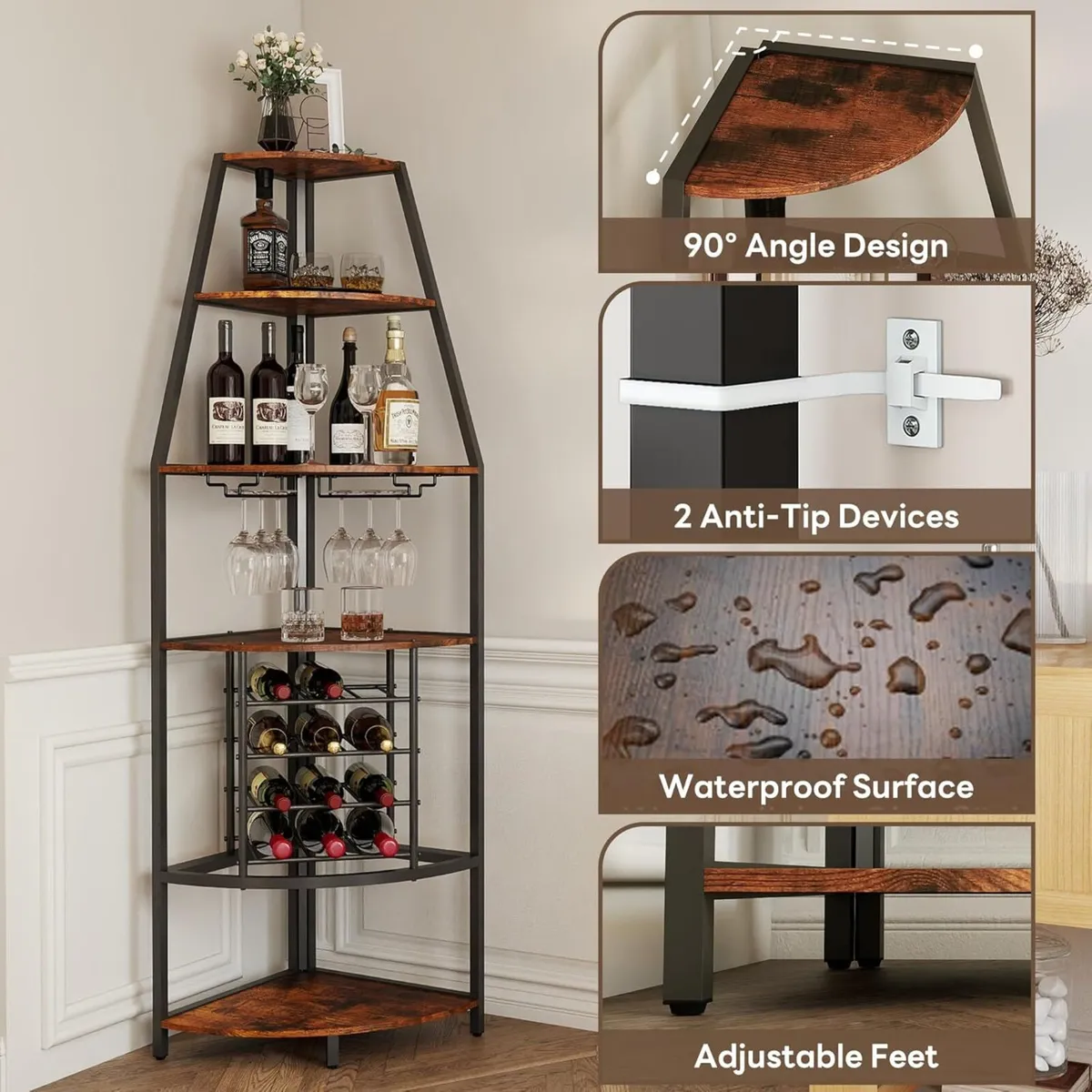 5-Tier Corner Wine Rack Racks Free Standing with - Image 3