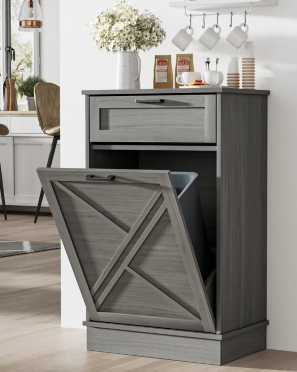 Wooden Tilt-Out Trash Can Cabinet with Drawer - Image 1