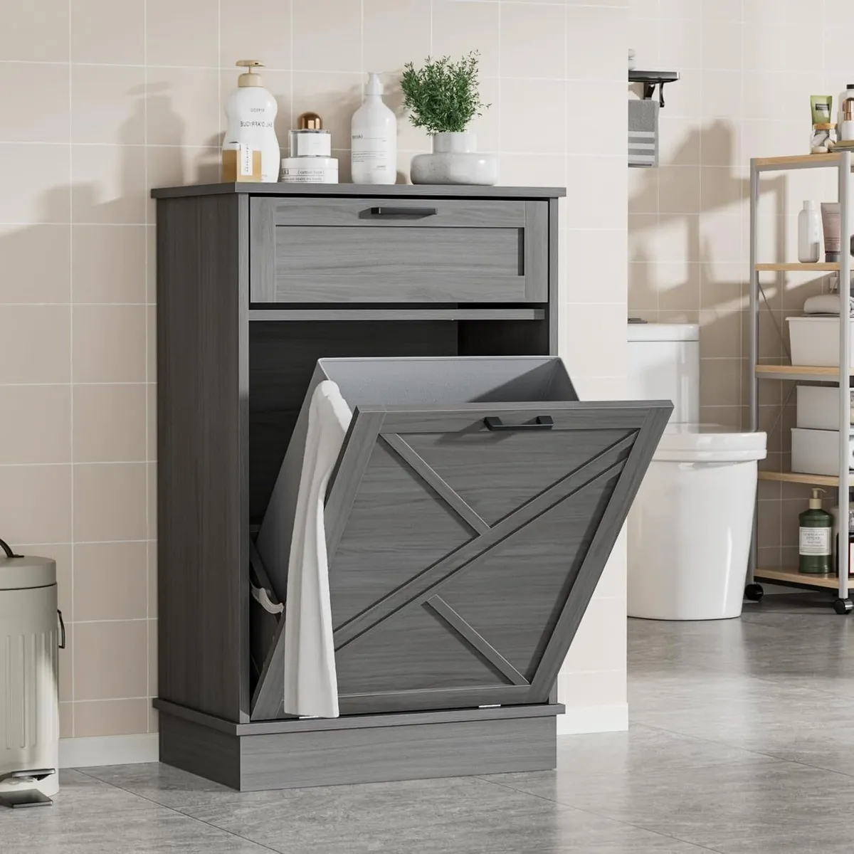 Wooden Tilt-Out Trash Can Cabinet with Drawer - Image 4