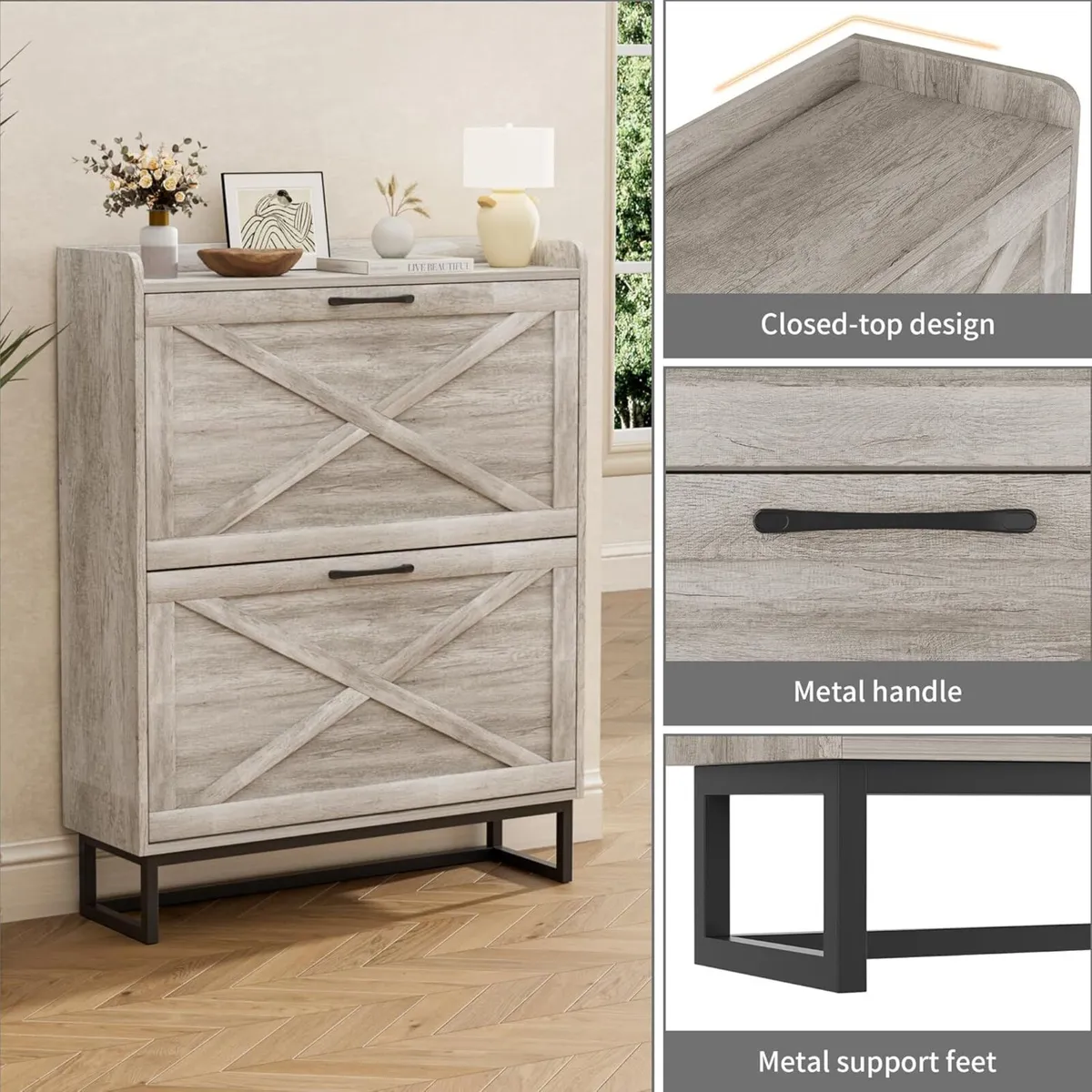 Rustic Shoe Cabinet 80cm Width For Hallway Grey - Image 3