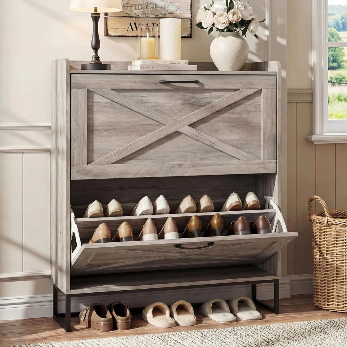 Rustic Shoe Cabinet 80cm Width For Hallway Grey - Image 1