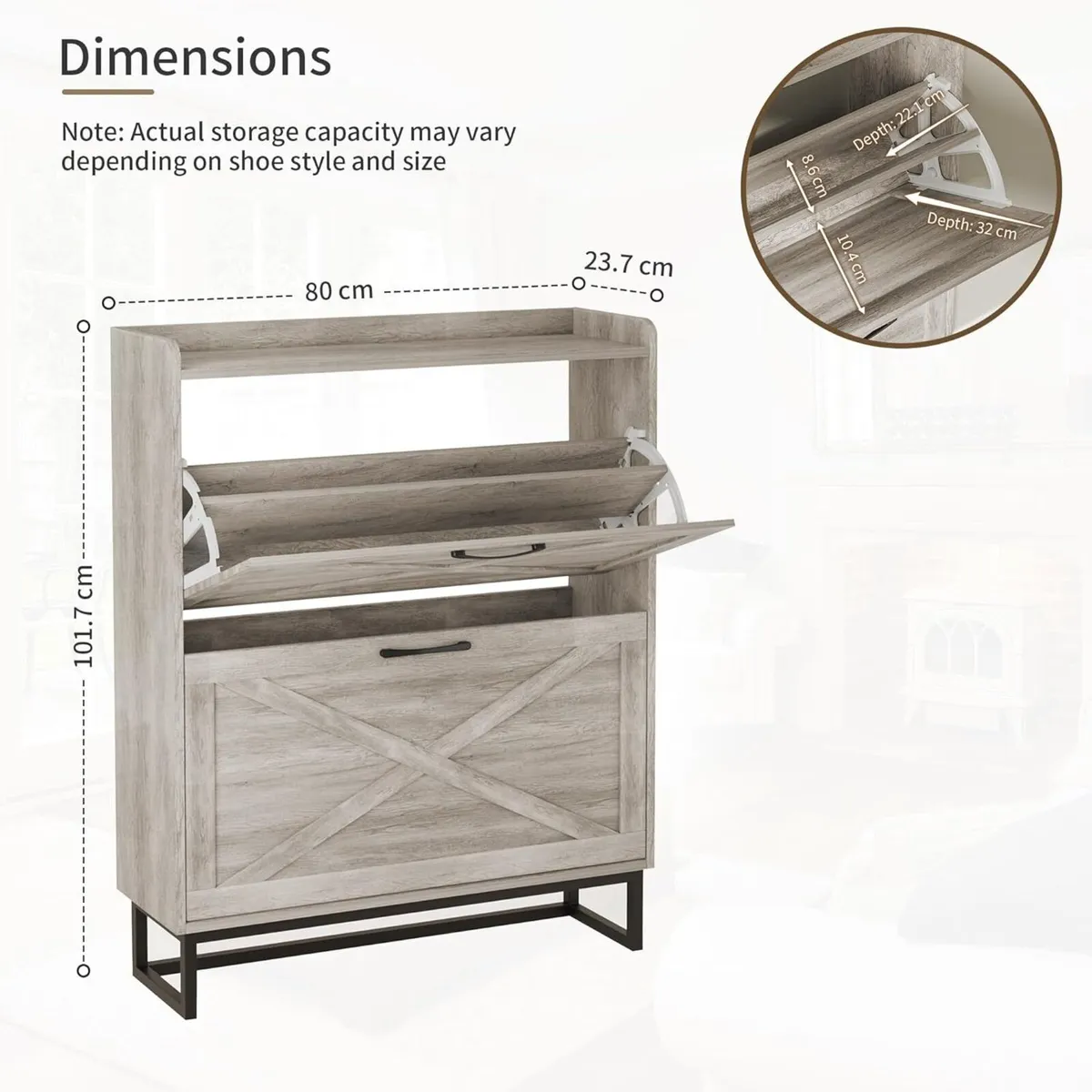 Rustic Shoe Cabinet 80cm Width For Hallway Grey - Image 2