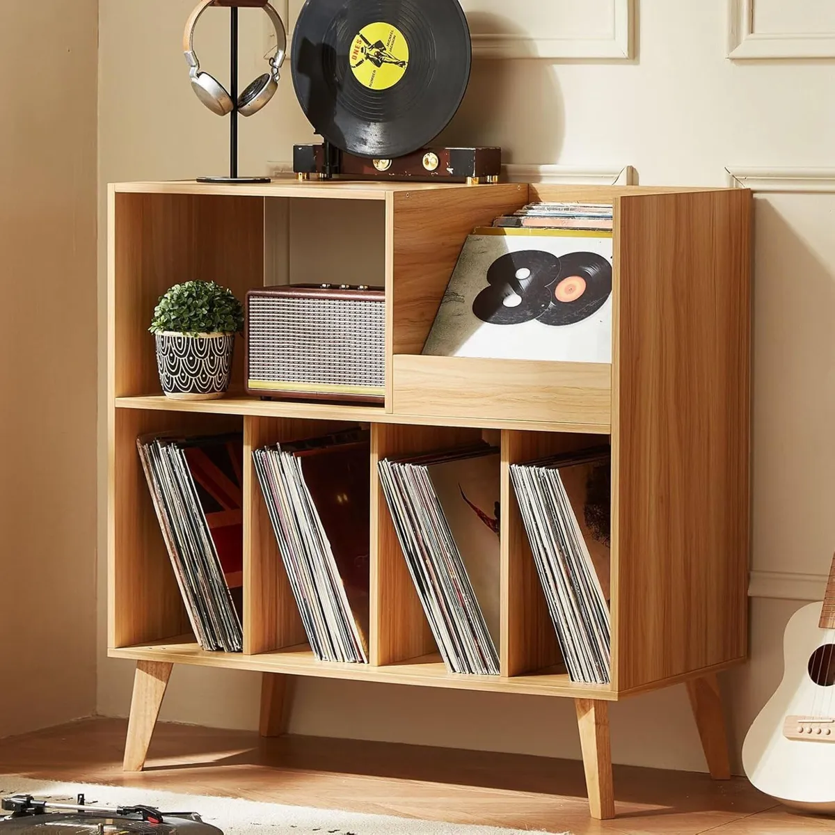 Large record stand with storage player shelf - Image 1