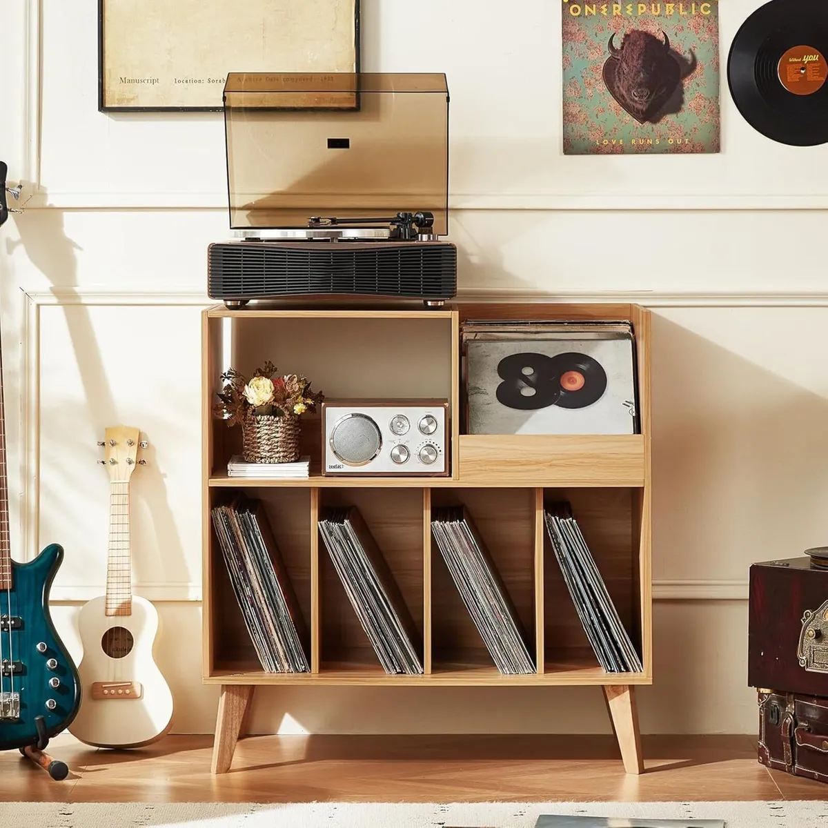 Large record stand with storage player shelf - Image 4