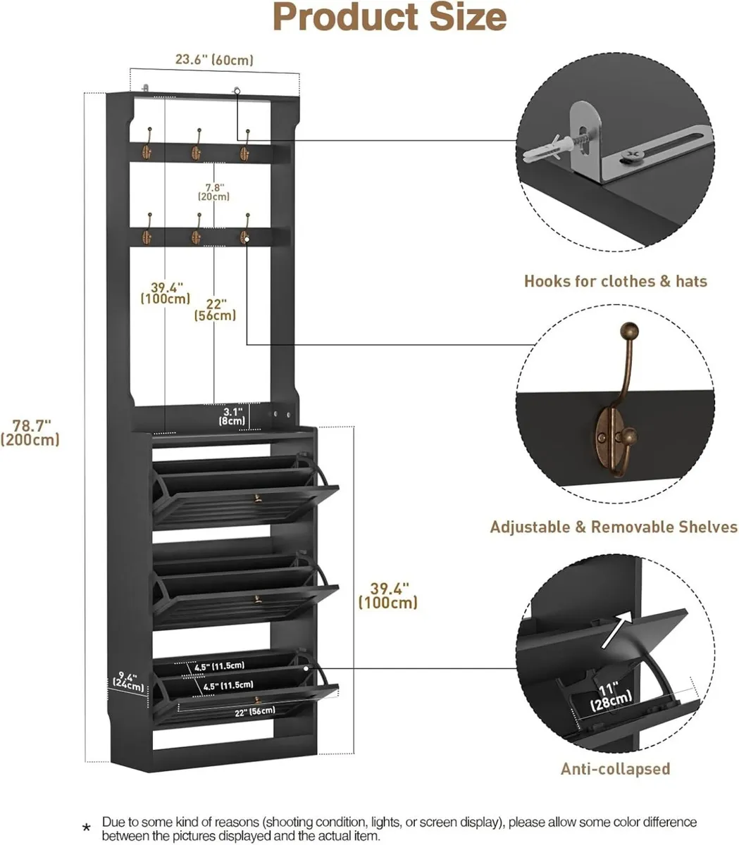 Slim Shoe Storage Cabinet with 3 Flip Drawers for - Image 2