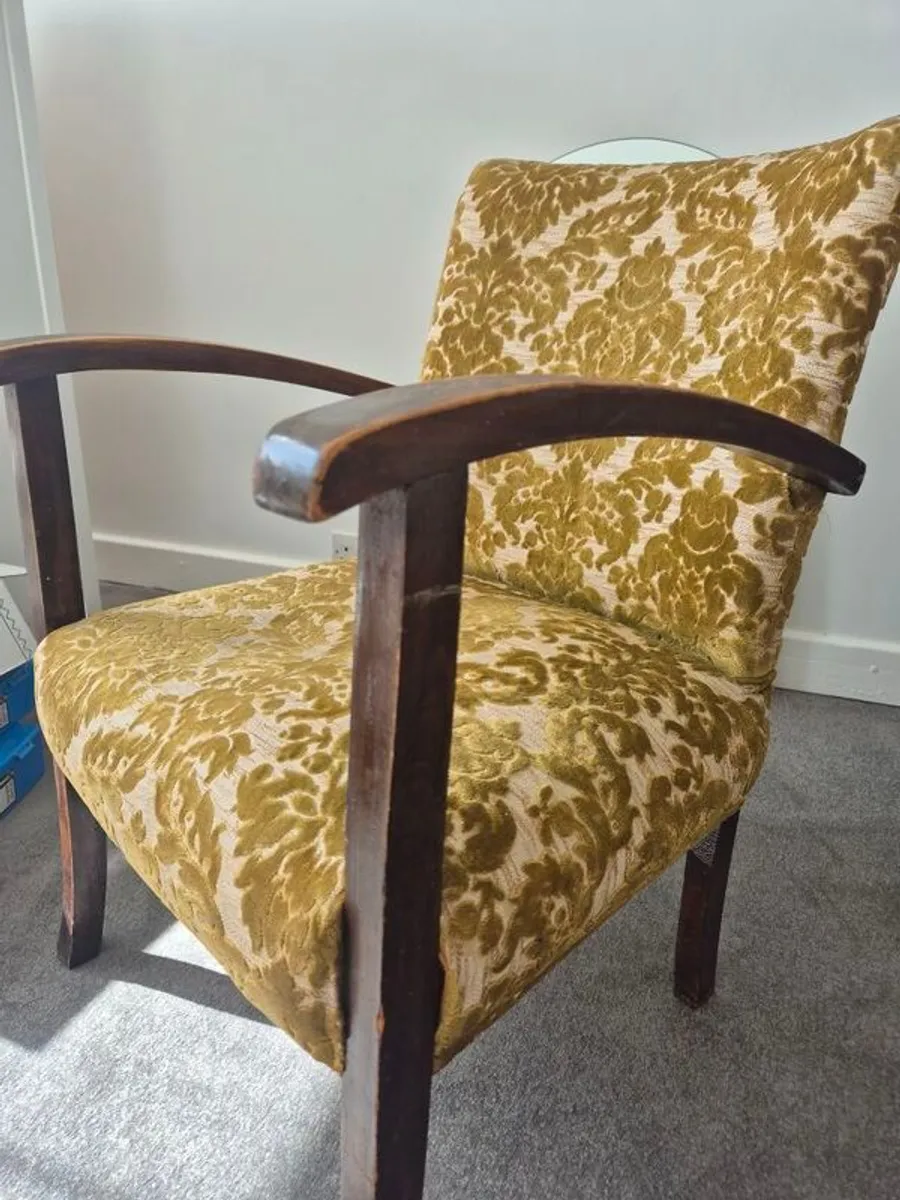Vintage armchair solid wood frame & damask upholstery - Image 1