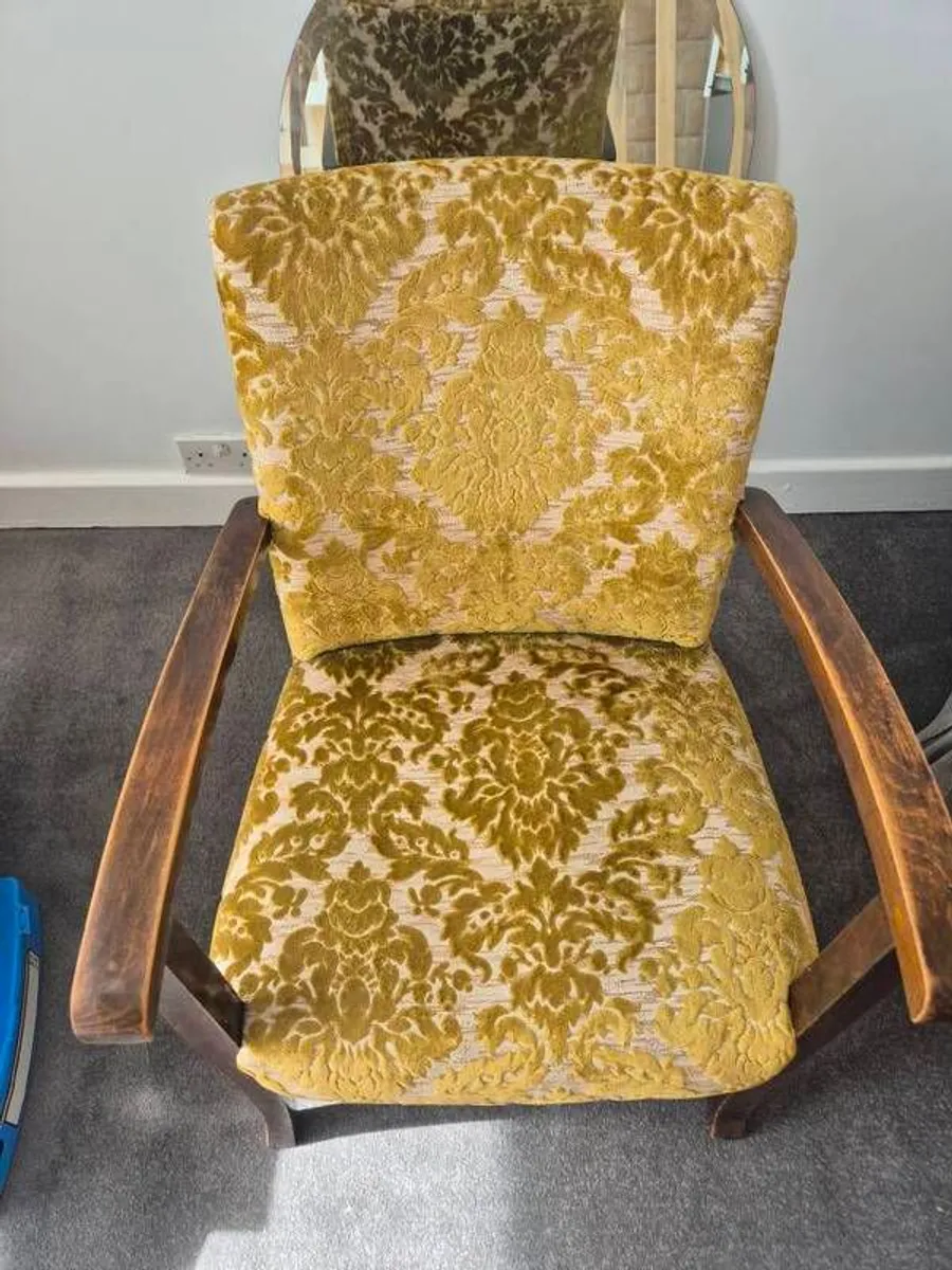 Vintage armchair solid wood frame & damask upholstery - Image 2