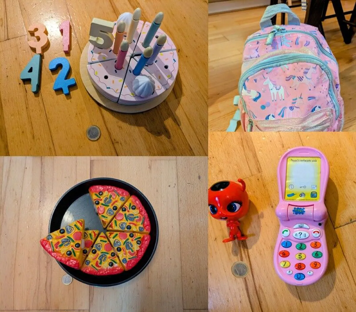 4 Toys (birthday cake, pizza, Tiki Miraculous character and phone) + 1 Bag - Image 1