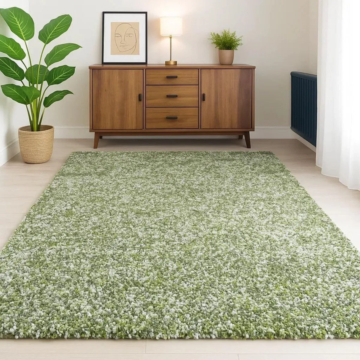 Green White Grey Spot Pattern Shaggy Rug Soft - Image 2