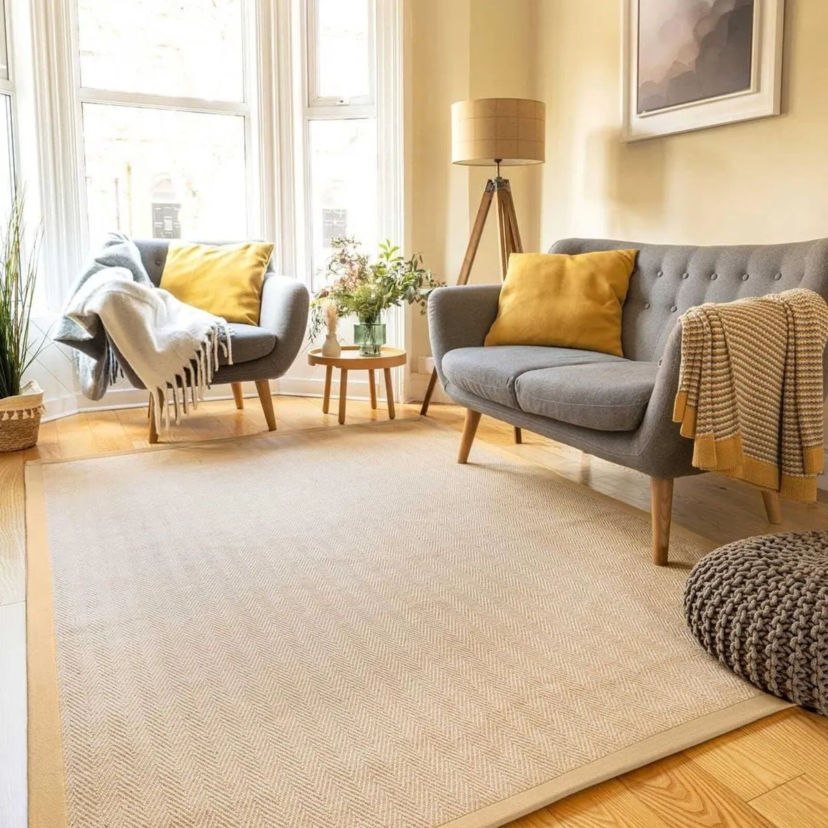 Sustainable Beige Cotton Border Herringbone Soft - Image 1