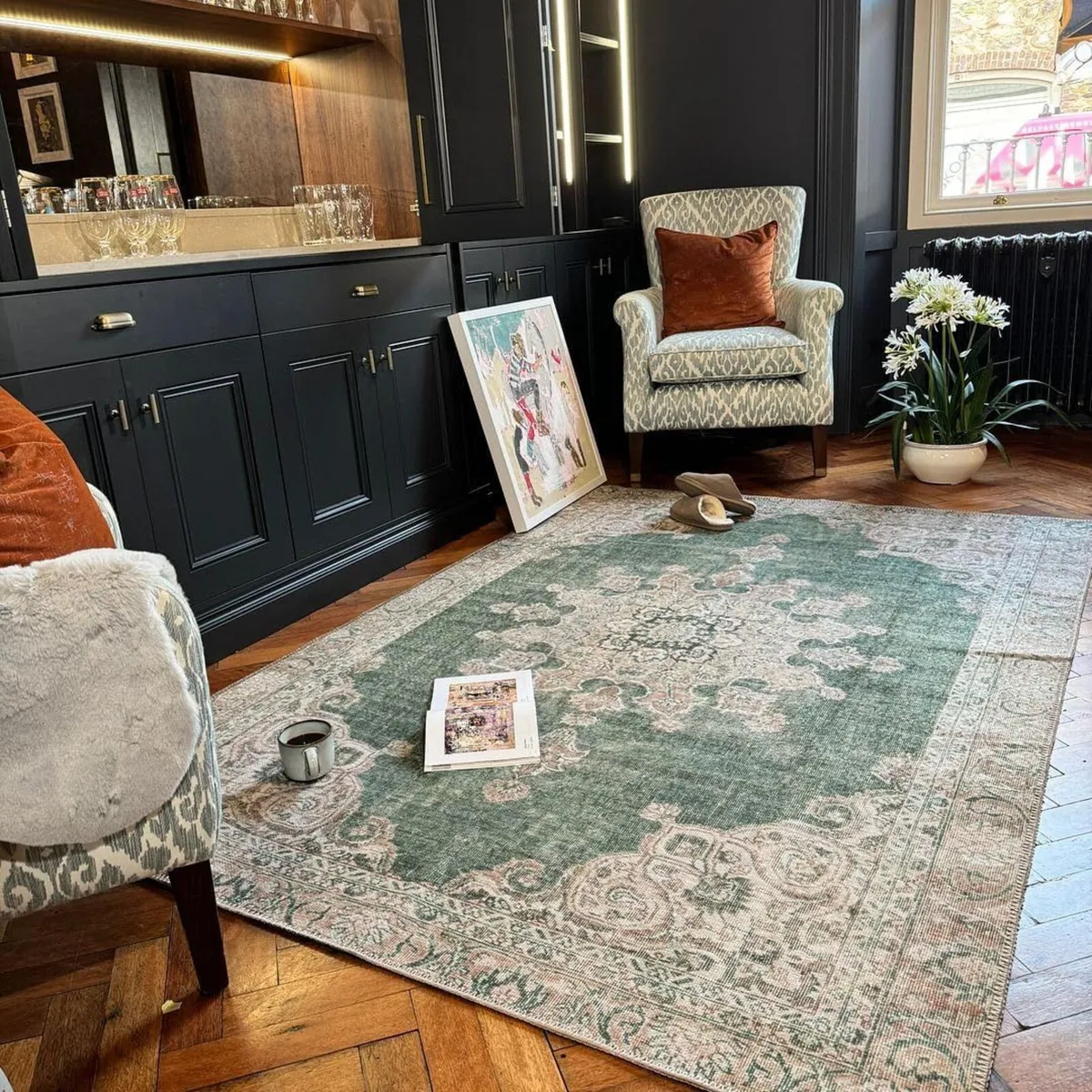 Washable Medallion Multi Green Rugs Vintage - Image 1