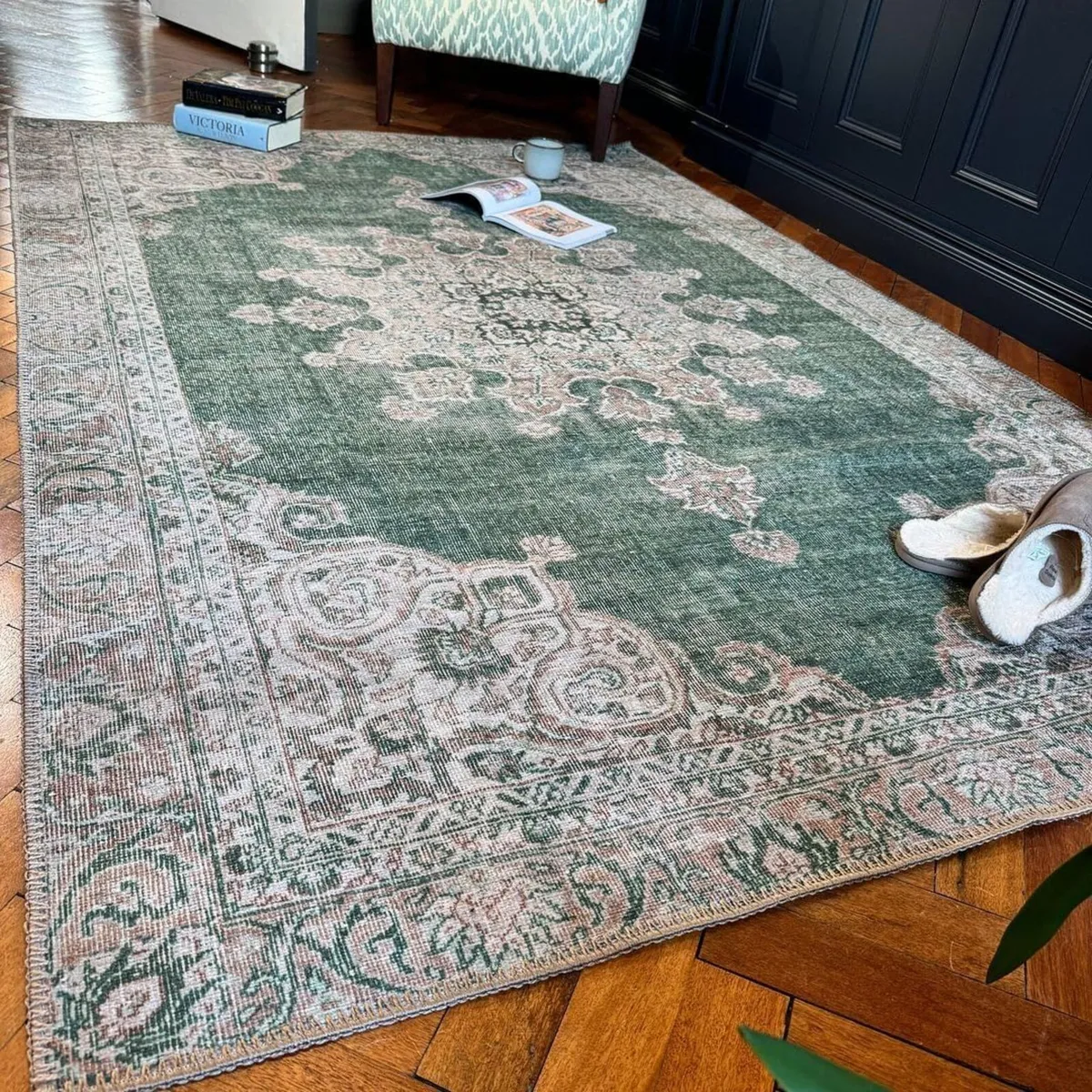 Washable Medallion Multi Green Rugs Vintage - Image 2