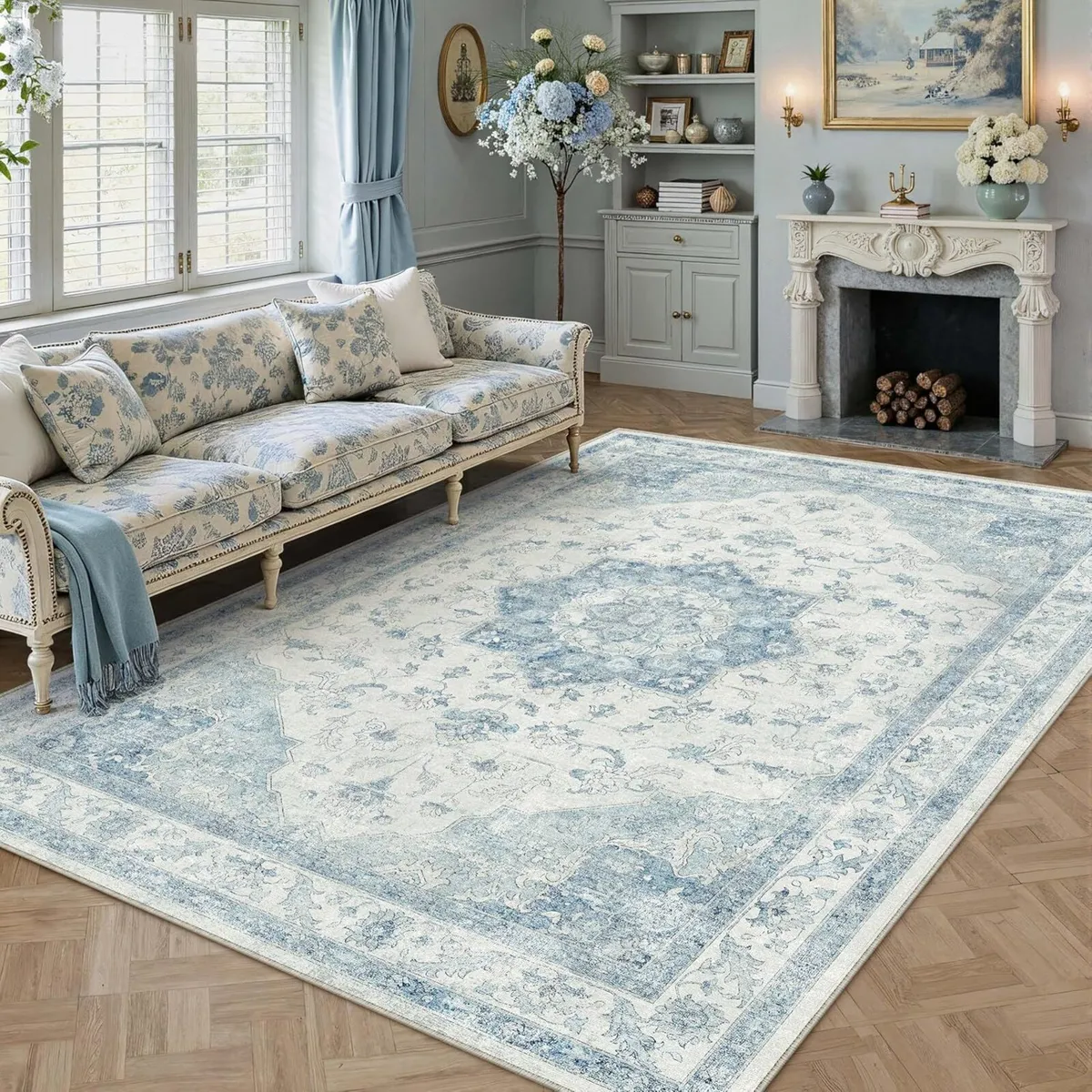 Vintage Washable Blue Rugs Living Room Area Rug - Image 4