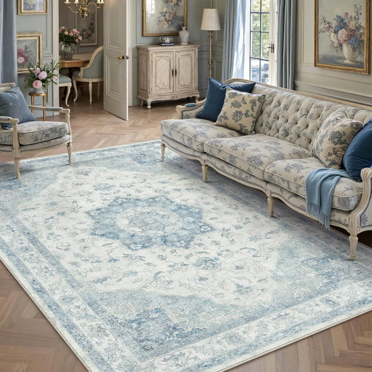 Vintage Washable Blue Rugs Living Room Area Rug - Image 1