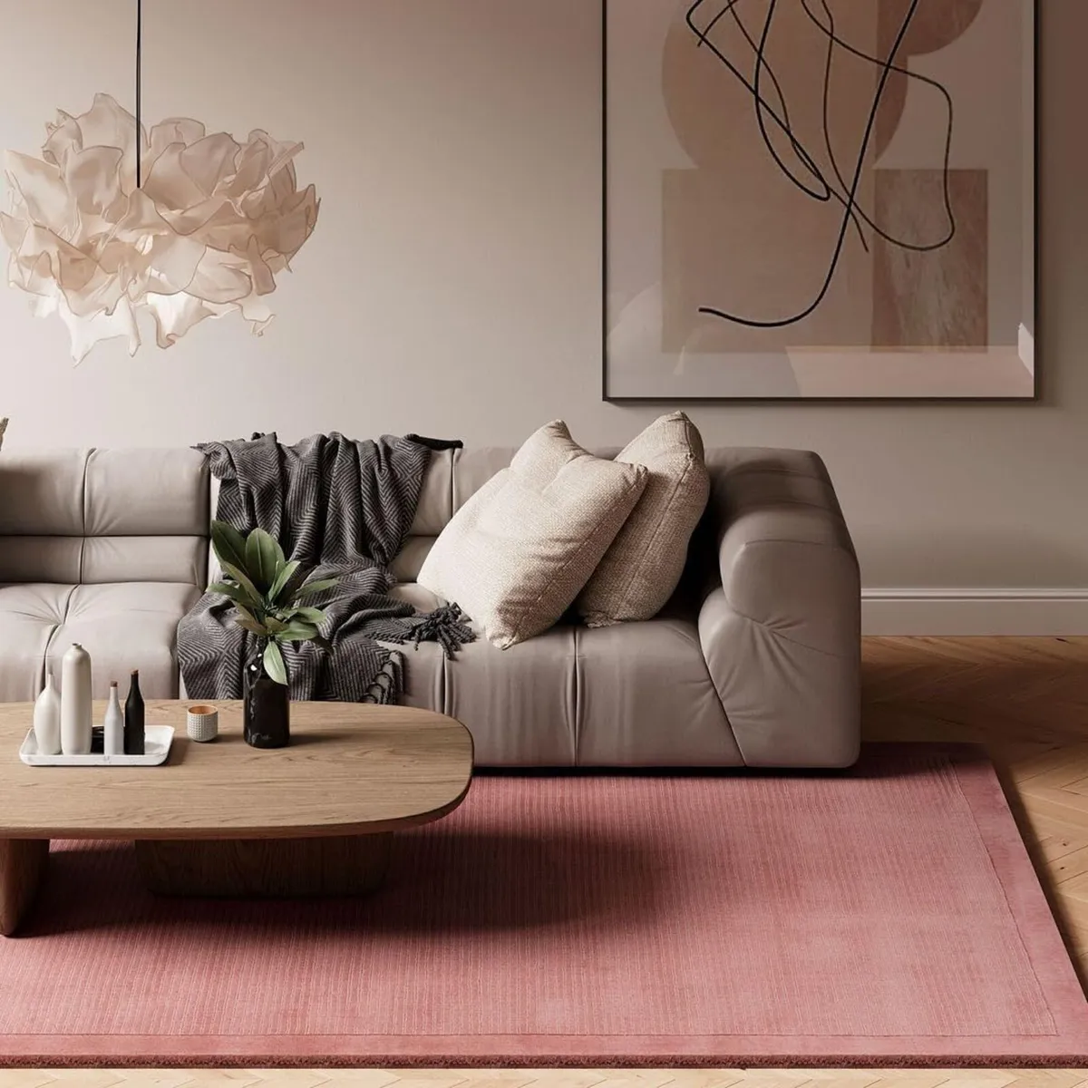 Pink Rug 100% Wool Thick Scandi Cosy Living Room - Image 1