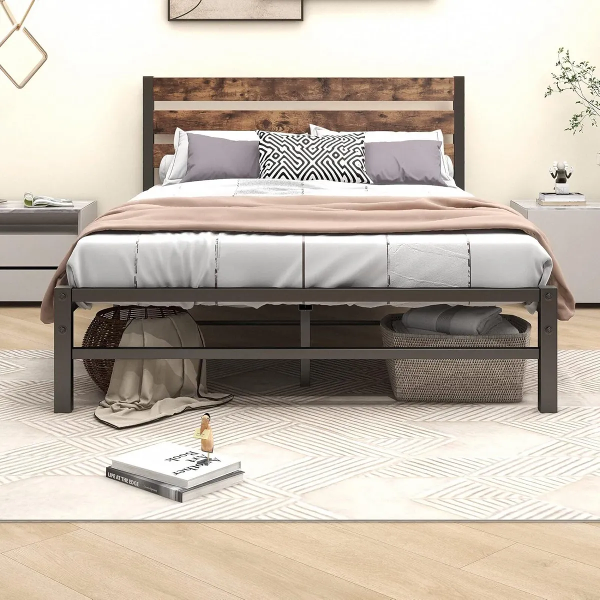Double Bed Frame with Rustic Wood Headboard and - Image 1