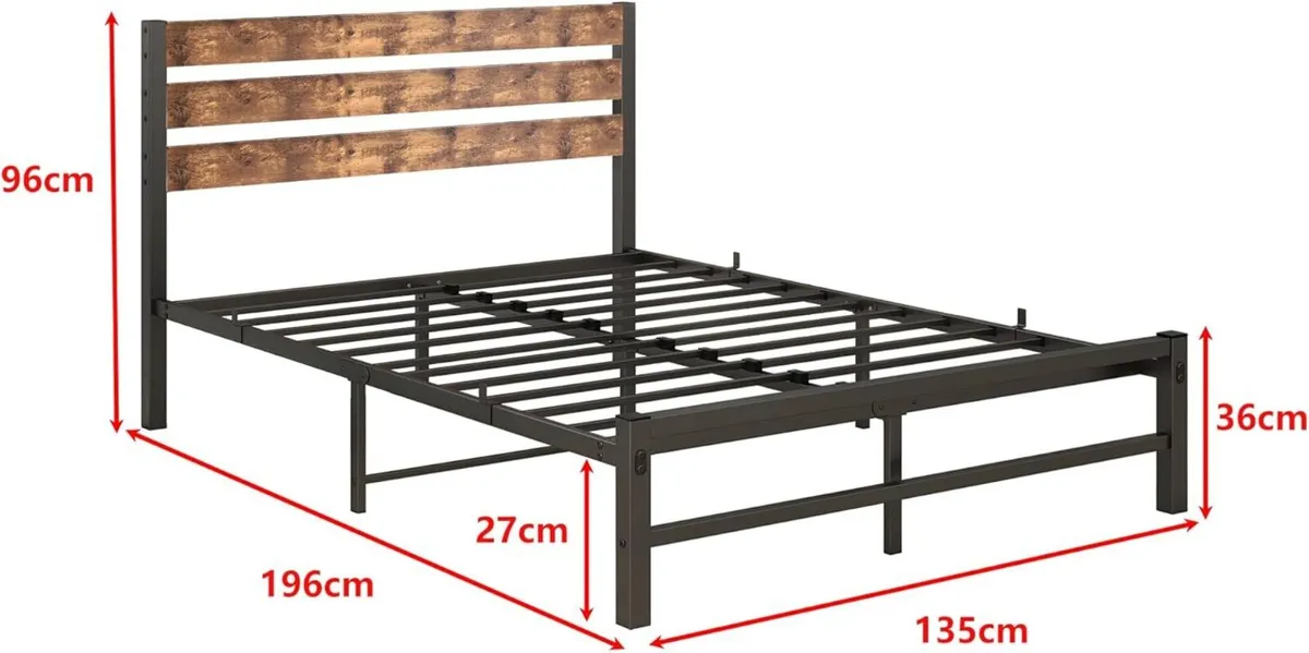 Double Bed Frame with Rustic Wood Headboard and - Image 2
