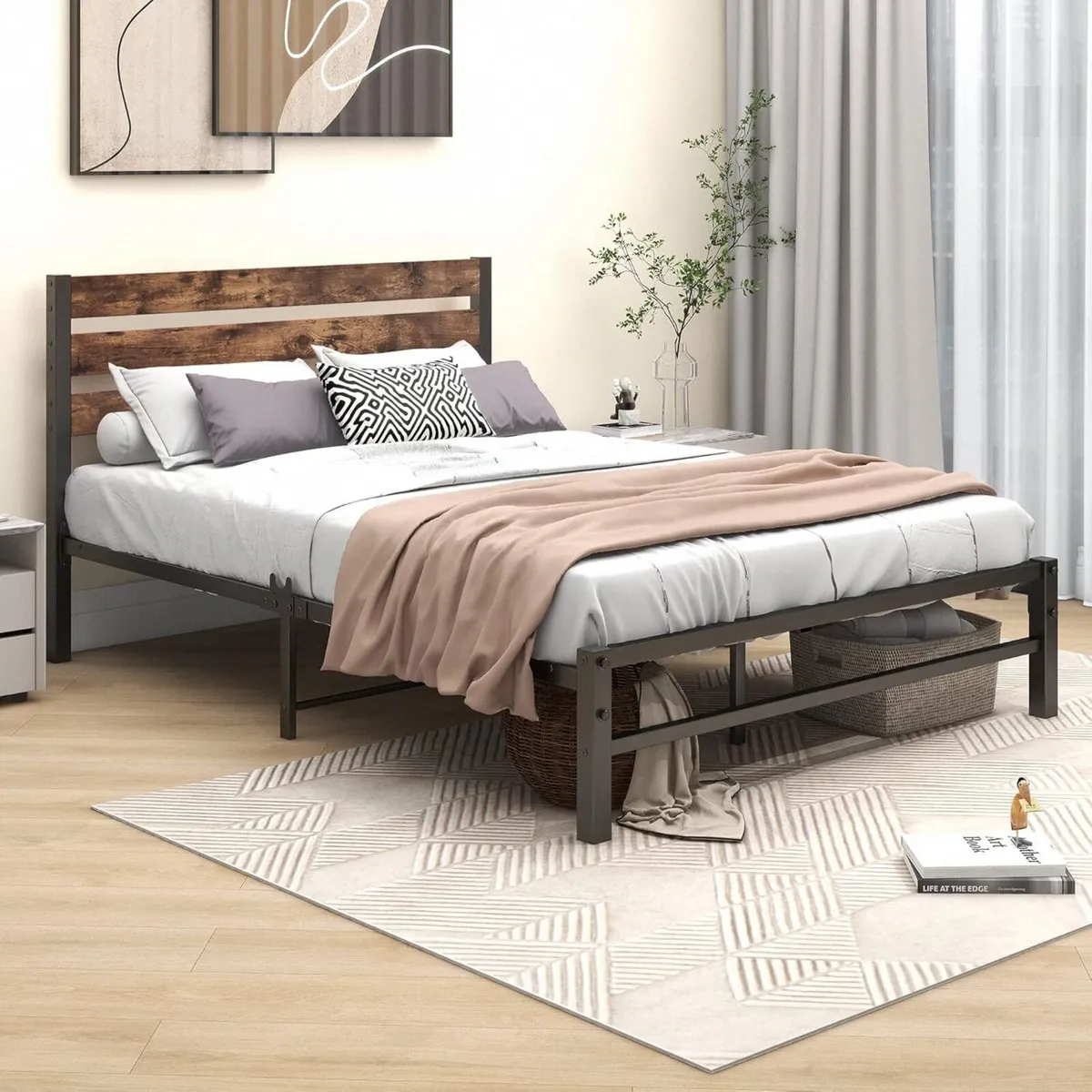 Double Bed Frame with Rustic Wood Headboard and - Image 3
