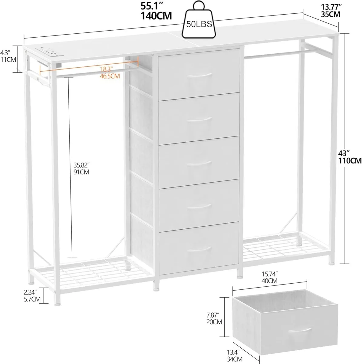 5 Drawer Dresser with Clothes Rack Chest of - Image 3