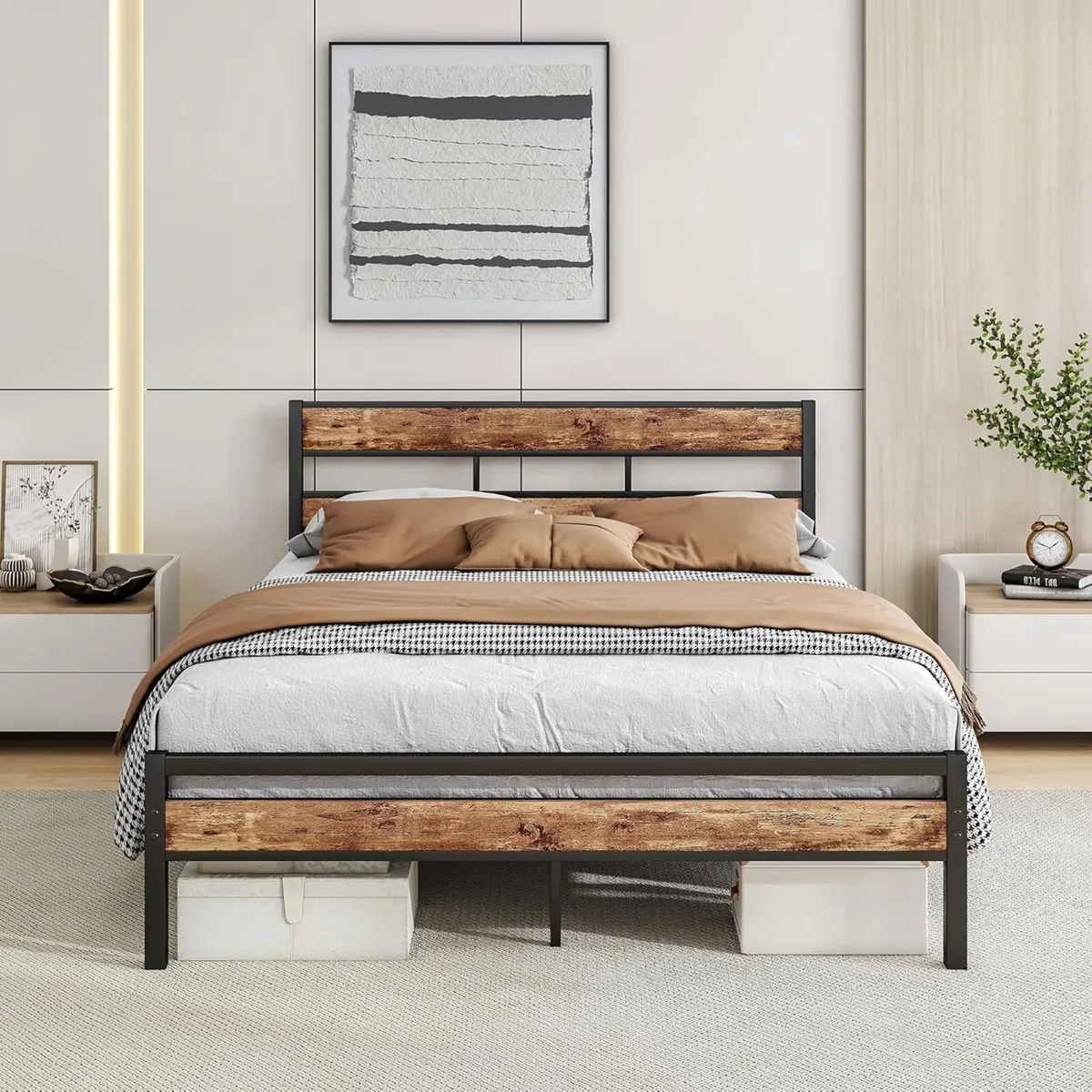 Double Bed Frame with Wooden Headboard Heavy Duty - Image 1