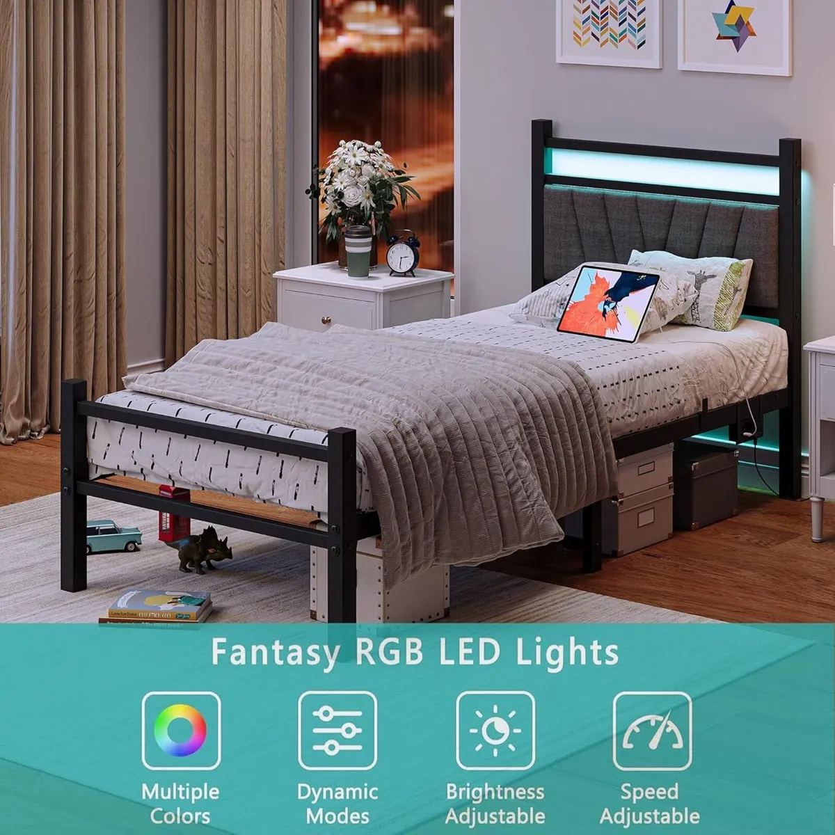 3FT Single Bed Frame Metal Platform Upholstered - Image 3