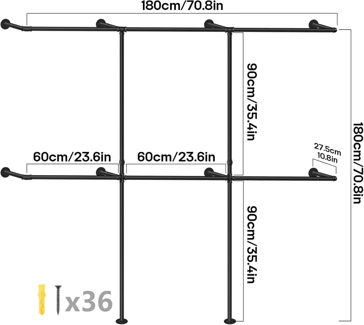 Industrial Pipe Clothing Rack Heavy Duty Wall - Image 2