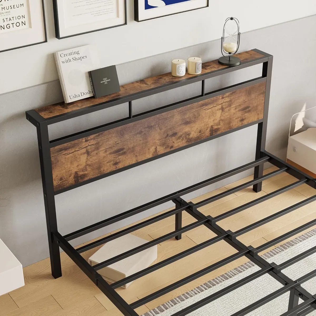 Double Bed Frame with Wooden Storage Shelf - Image 3