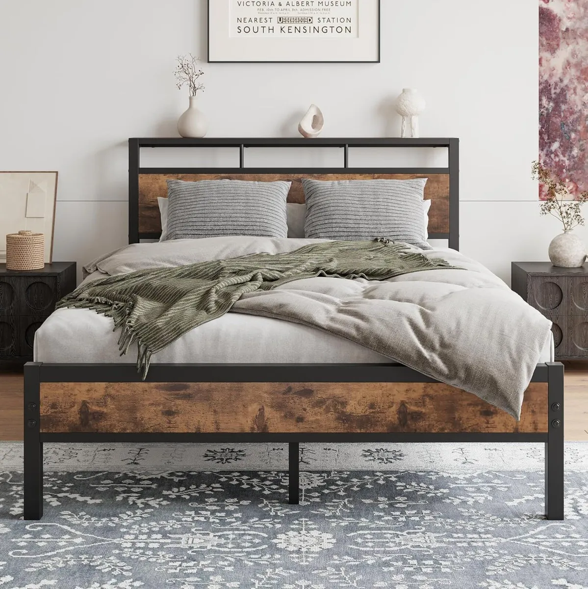 Double Bed Frame with Wooden Storage Shelf - Image 1