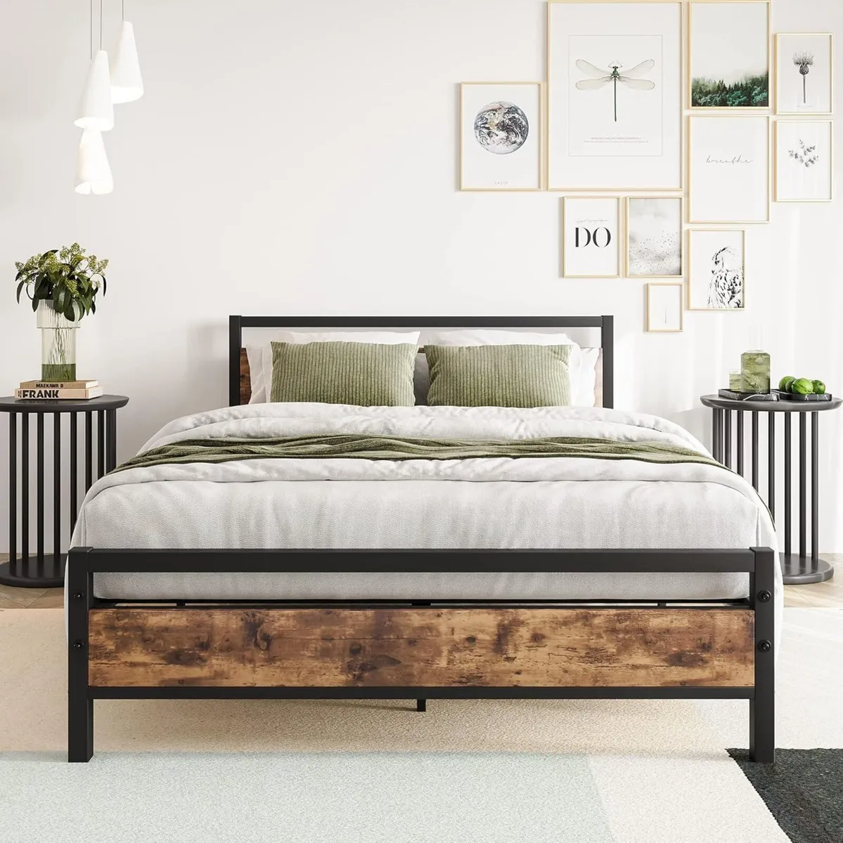 Double Bed Frames with Wood Headboard Heavy Duty - Image 1