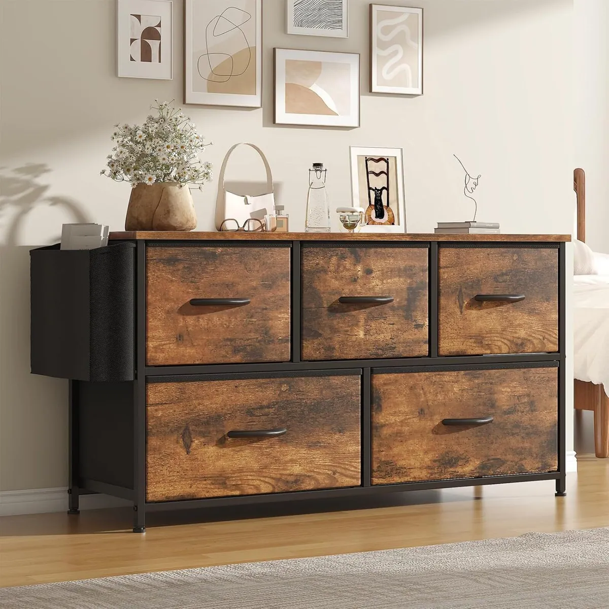 Fabric 5 Drawer Storage Cabinet with Side Pocket - Image 1