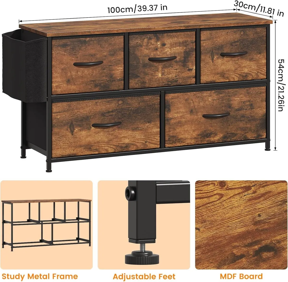 Fabric 5 Drawer Storage Cabinet with Side Pocket - Image 2