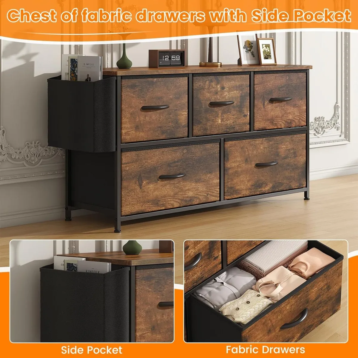 Fabric 5 Drawer Storage Cabinet with Side Pocket - Image 4