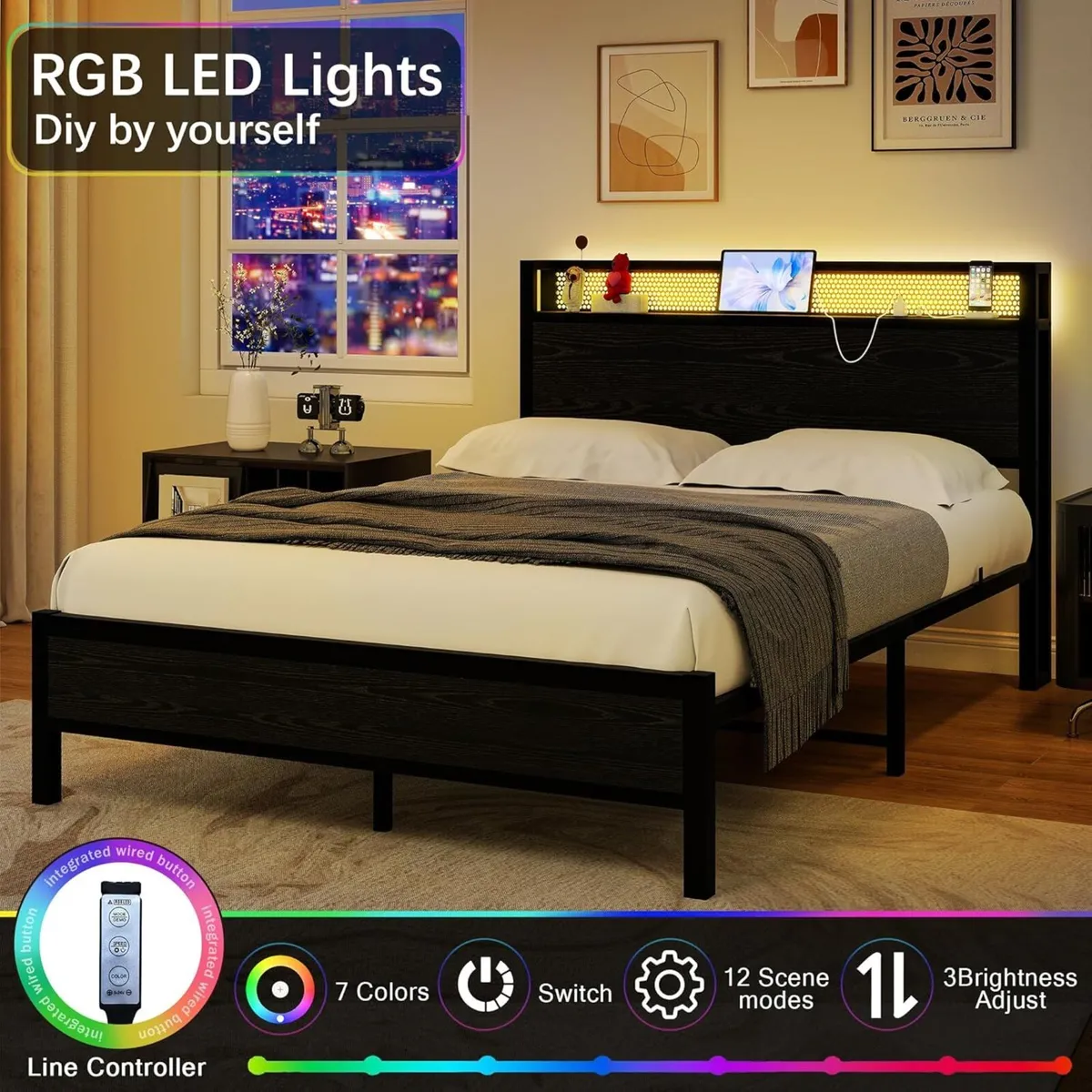 Double Bed Frame with LED Lights/Charging Station - Image 4