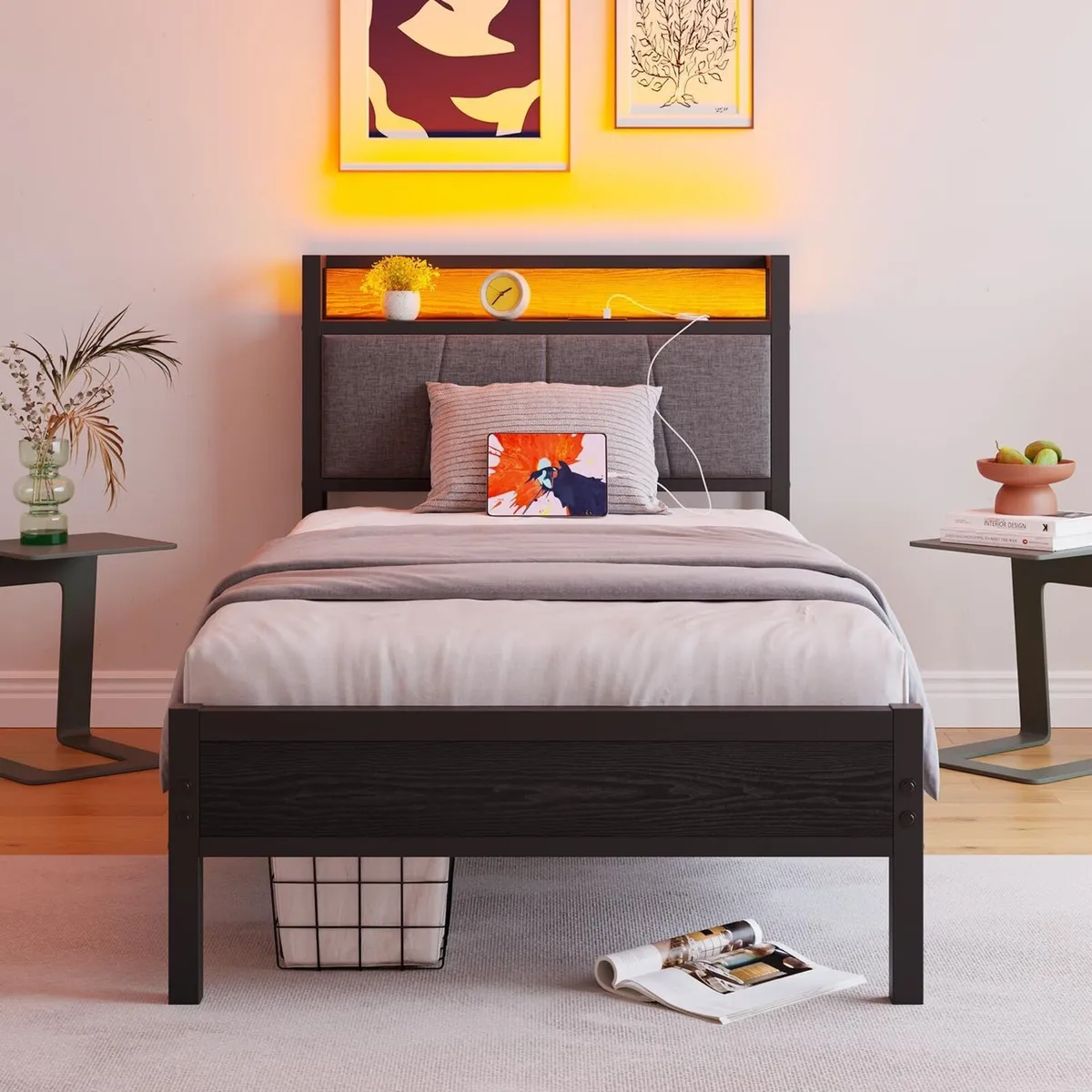 3ft Single Bed Frame with Storage Headboard LED - Image 1