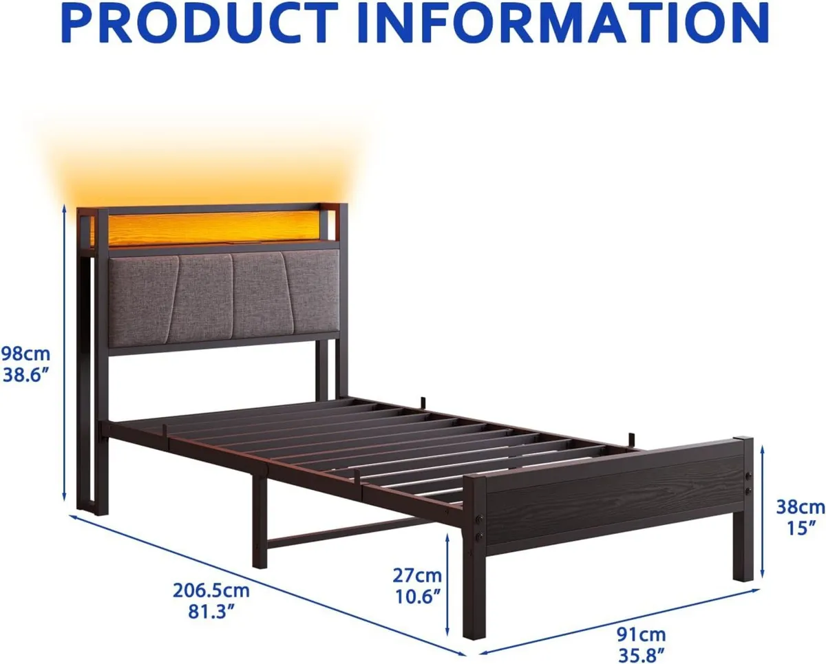 3ft Single Bed Frame with Storage Headboard LED - Image 2